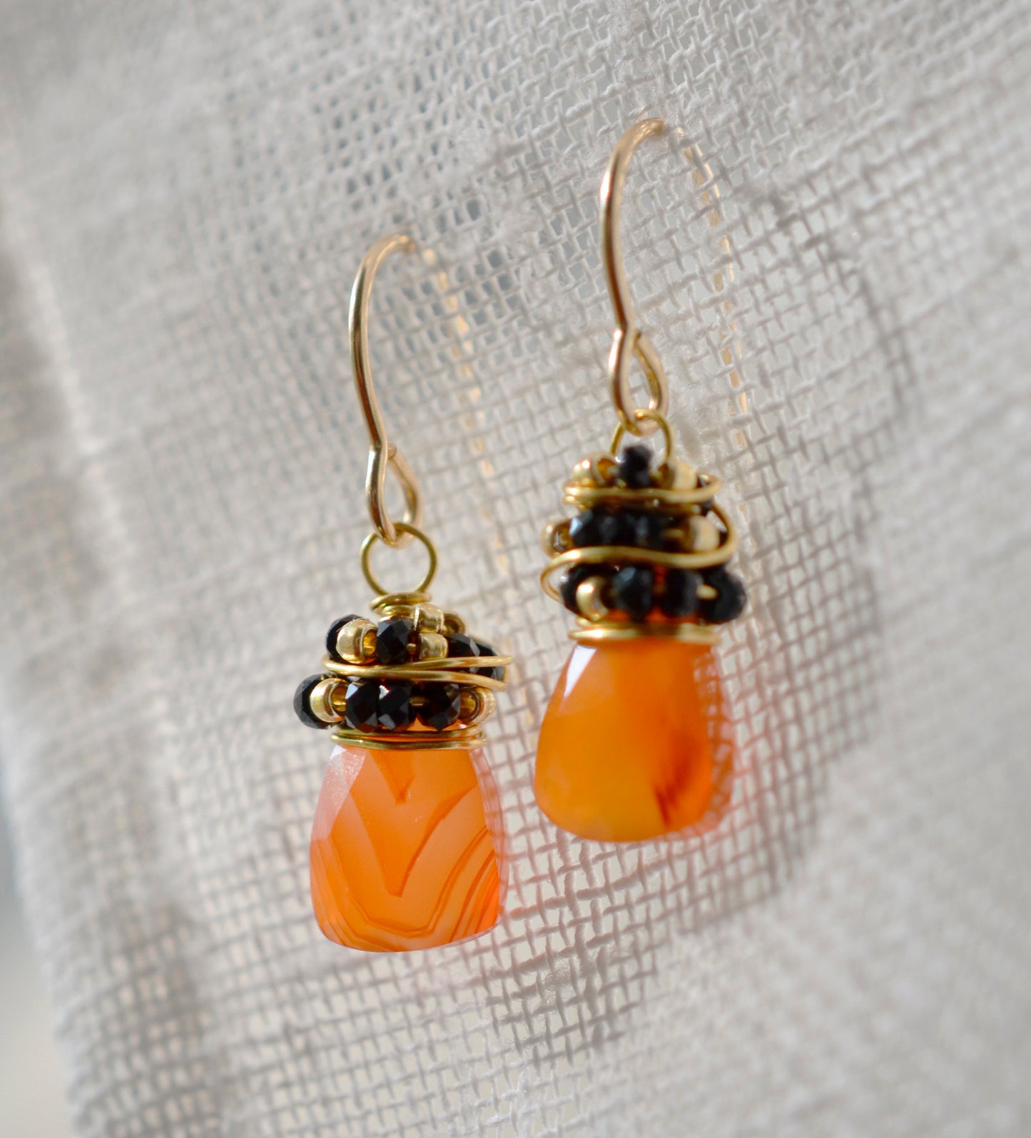 Carnelian and Onyx Wire Wrapped Dangle Earrings