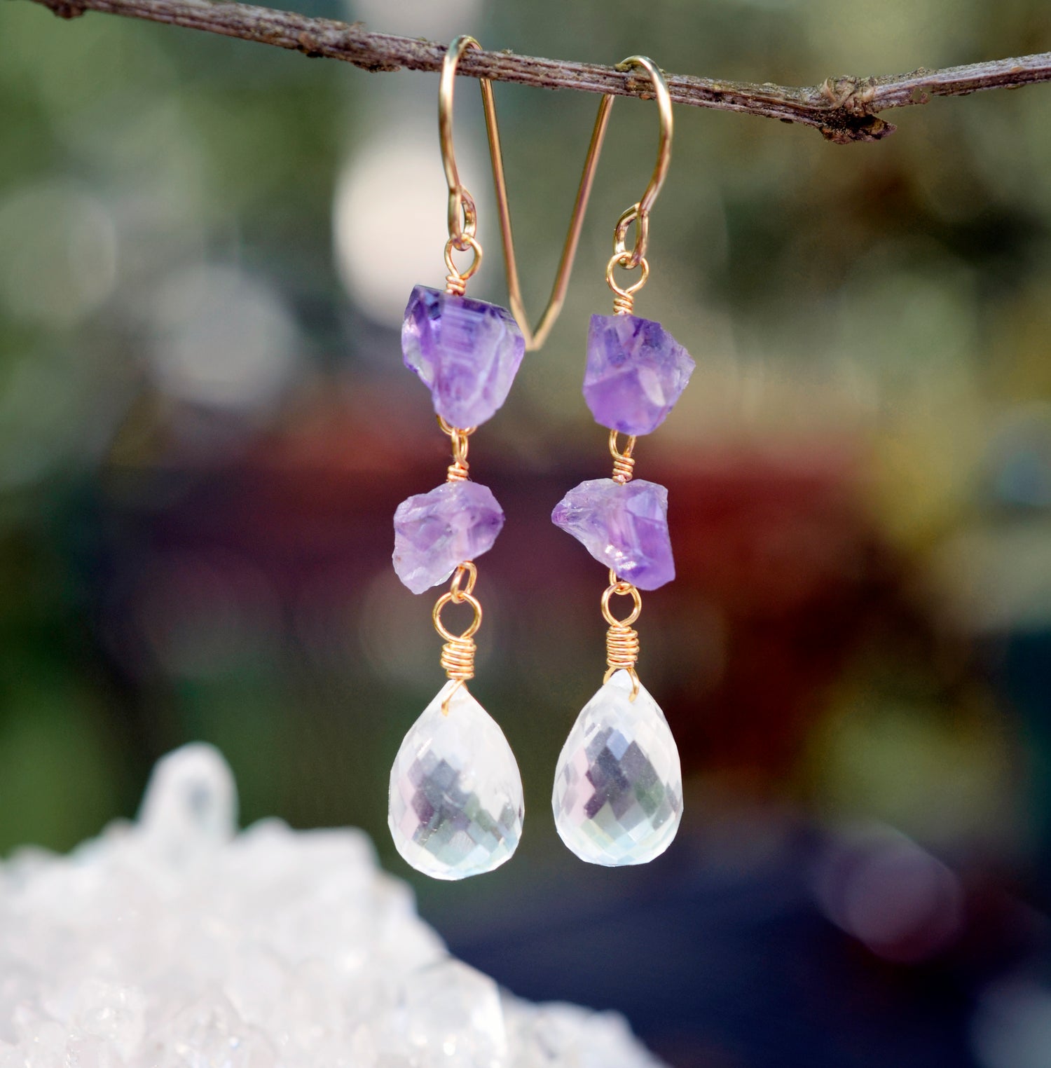 Raw Amethyst and Crystal Quartz Earrings