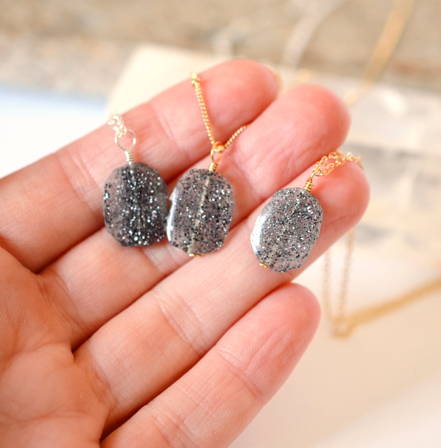 black sunstone necklace, sunstone pendant, jewelry, black gemstone, crystal, raw rough, gold, sterling silver
