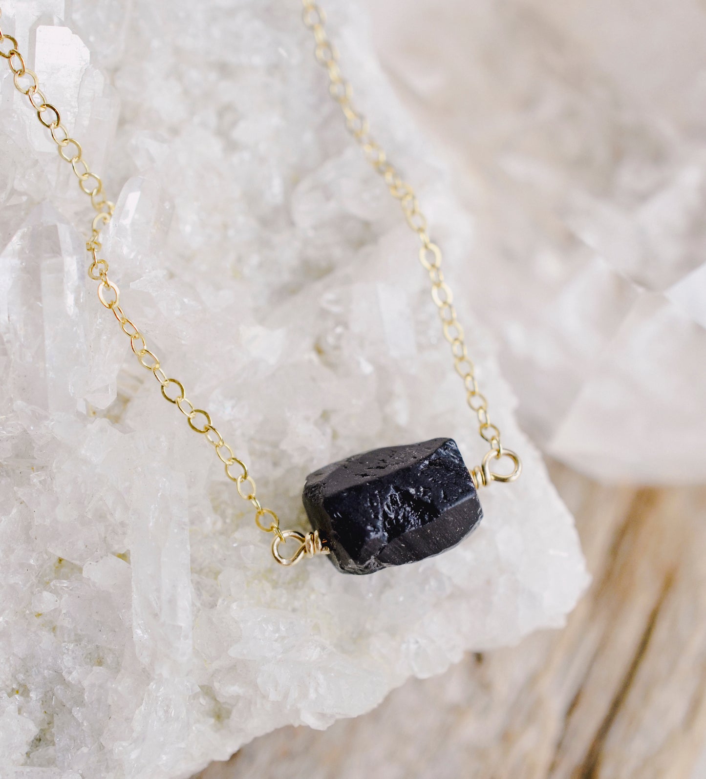 Black Tourmaline Necklace, Raw Stone, Sterling Silver, Gold Filled
