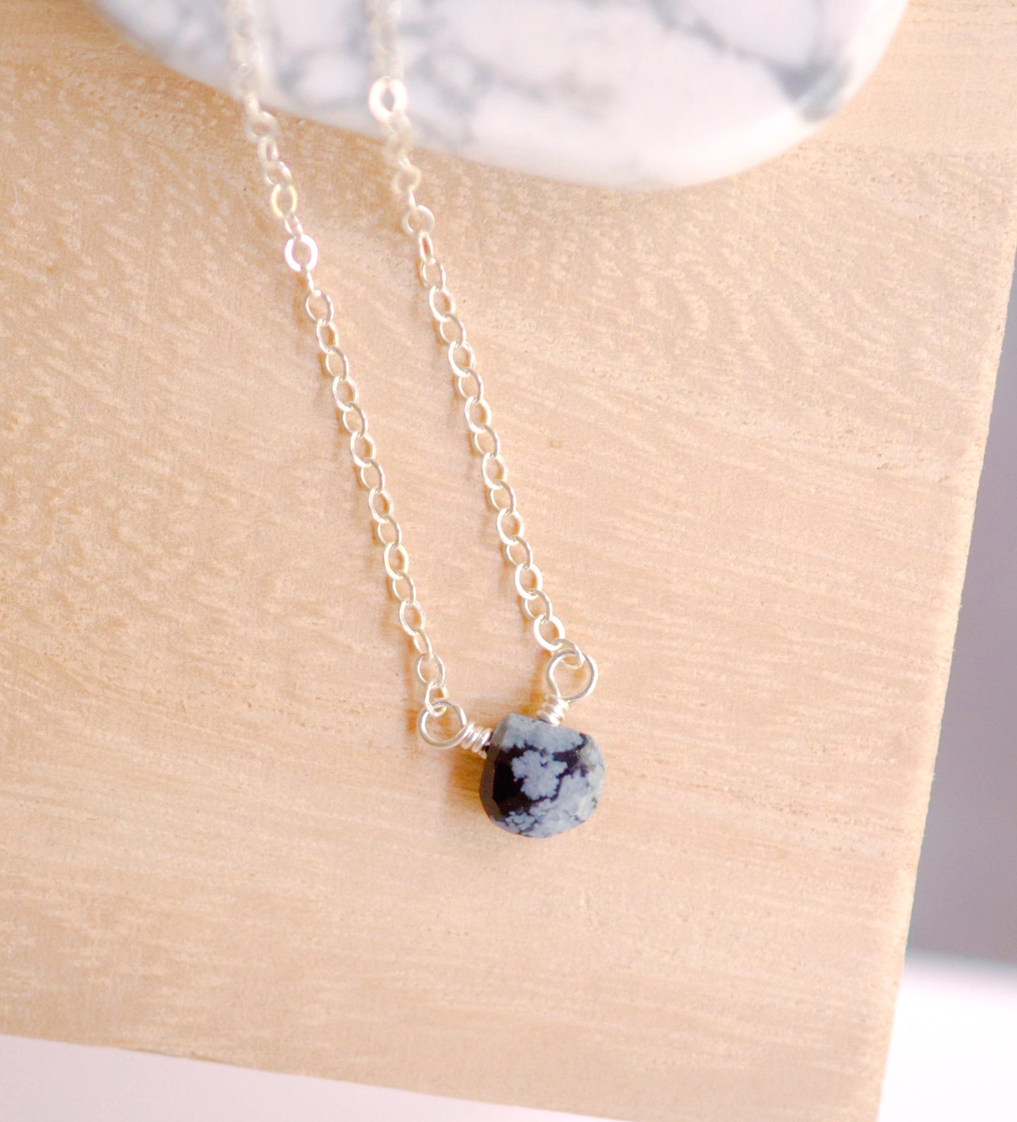 Black Snowflake Obsidian Necklace, Sterling Silver or Gold Filled