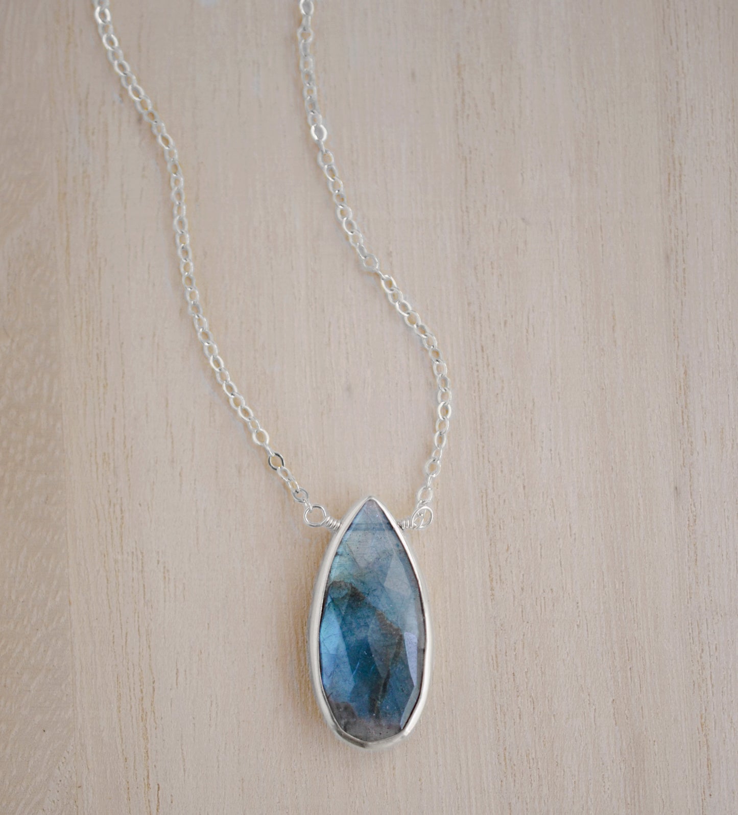 Labradorite Teardrop Necklace, Genuine labradorite bezeled in gold and suspended from a gold chain. Handmade by GEMNIA.