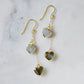 Gold gemstone dangle earrings featuring aquamarine and labradorite hearts. Romantic gift for her, wife, girlfriend, valentines day.