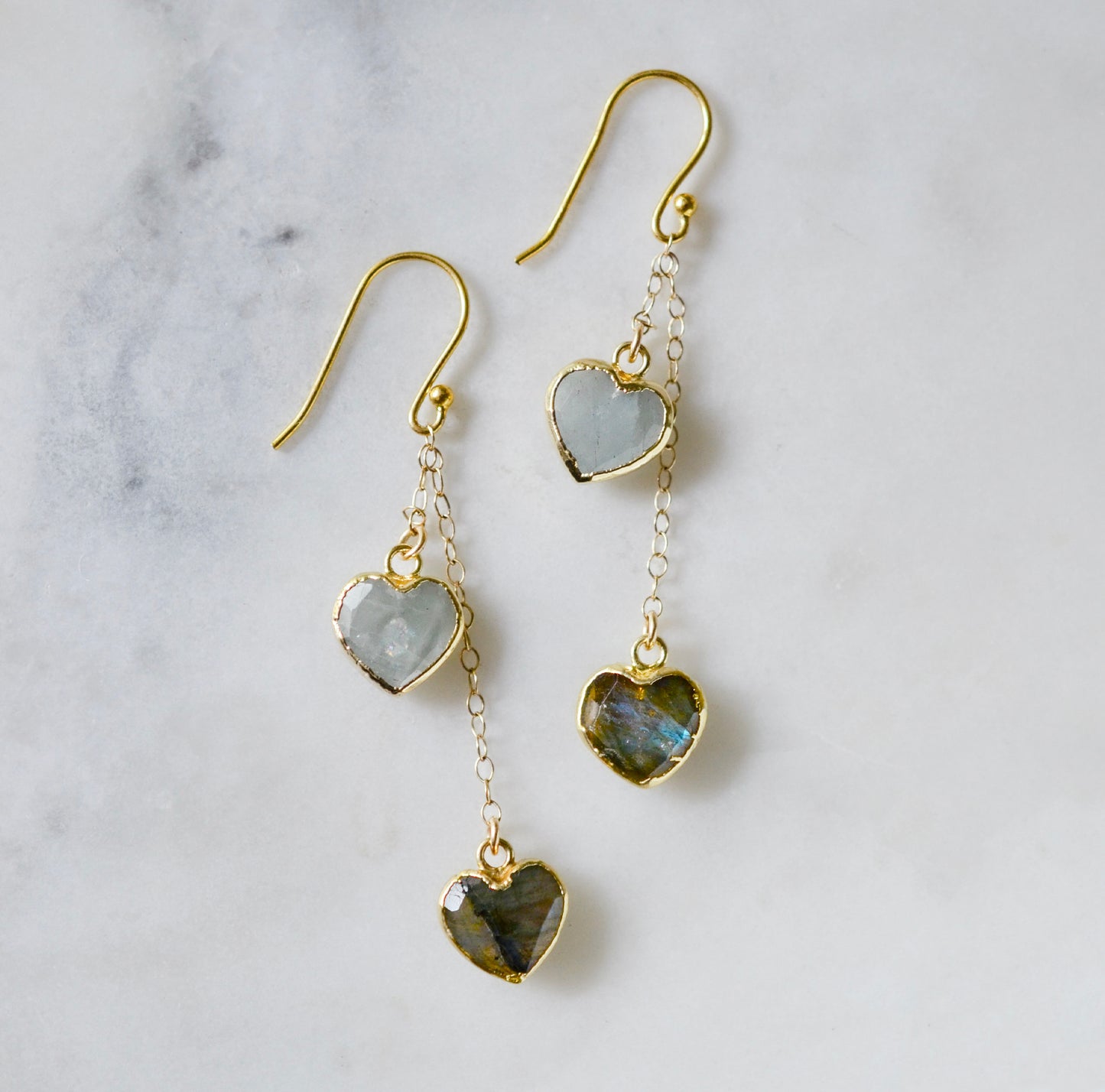 Gold gemstone dangle earrings featuring aquamarine and labradorite hearts. Romantic gift for her, wife, girlfriend, valentines day.
