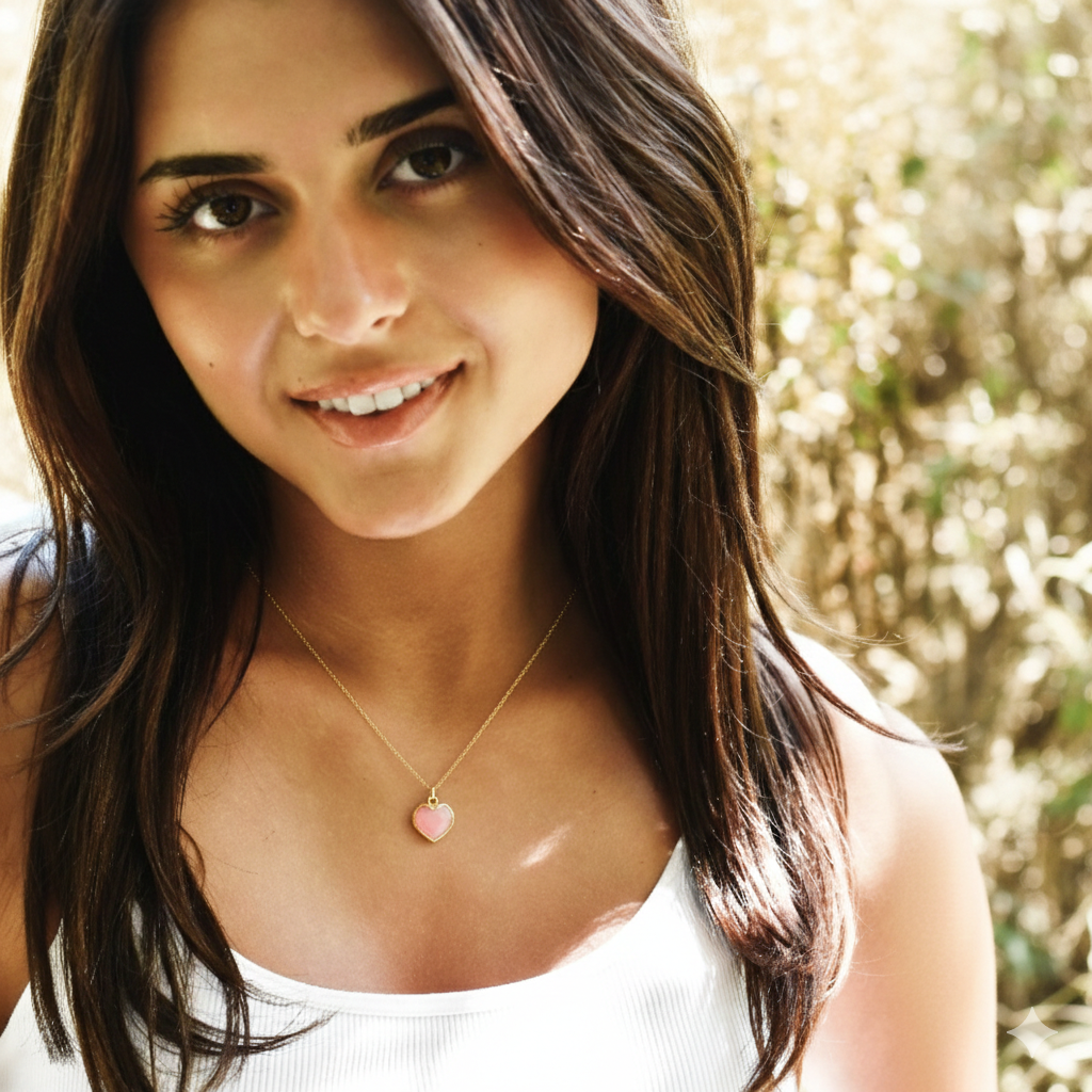 Modeled image. Handmade necklace with a natural pink opal heart-shaped pendant on a 14k gold filled chain. Handcrafted dainty gemstone jewelry by Gemnia.