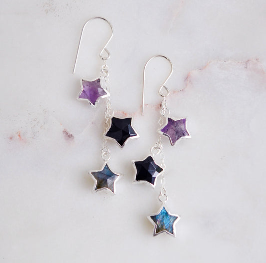 Star Gazer Earrings: Amethyst, Onyx, Labradorite