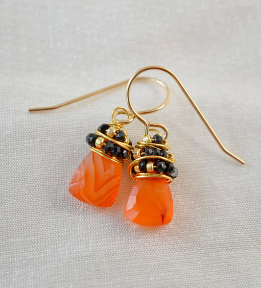 Carnelian and Onyx Wire Wrapped Dangle Earrings