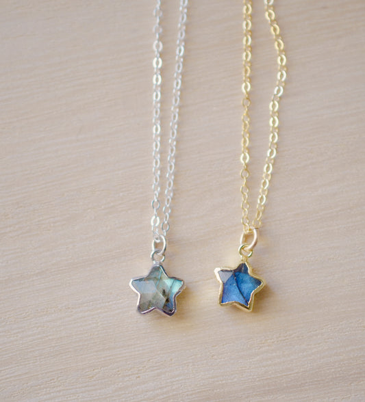 Labradorite star pendants in gold or silver on a simple chain.