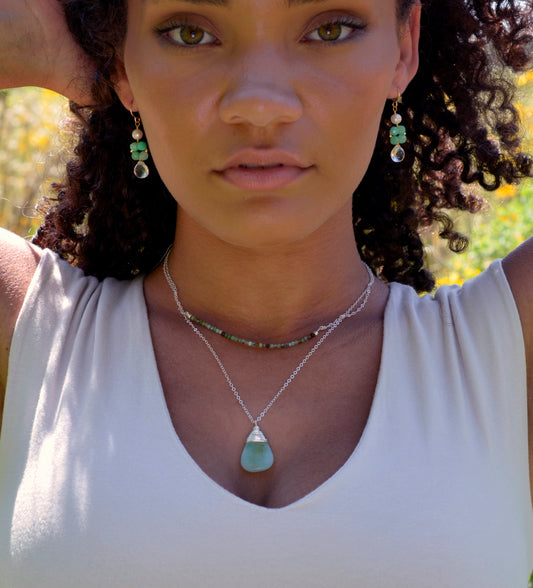 Green Chrysoprase Organic Pendant Necklace in Sterling Silver or 14k Gold Filled