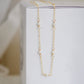 Natural white freshwater pearls within a dainty 14k gold filled chain. Each pearl is approximately 3mm in size and are spaced 2 inches apart.