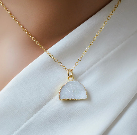 Milky White Quartz Druzy Crescent Necklace in 14k Gold Filled