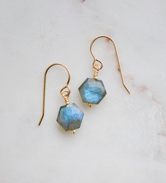 Blue flashing Labradorite gemstones in a faceted hexagonal shape dangle from 14k gold filled earring hooks. Small gold beads accent below the stone. Also available in sterling silver.