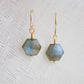 Blue flashing Labradorite gemstones in a faceted hexagonal shape dangle from 14k gold filled earring hooks. Small gold beads accent below the stone. Also available in sterling silver.