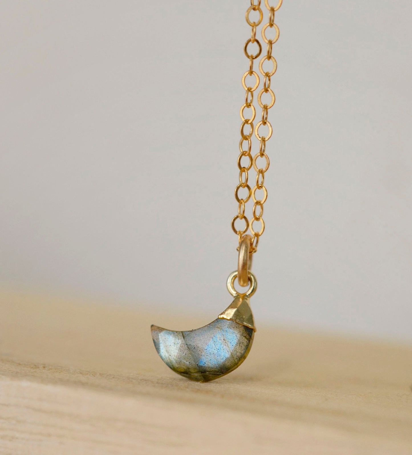 Labradorite Crescent Moon Necklace, Gold or Sterling Silver