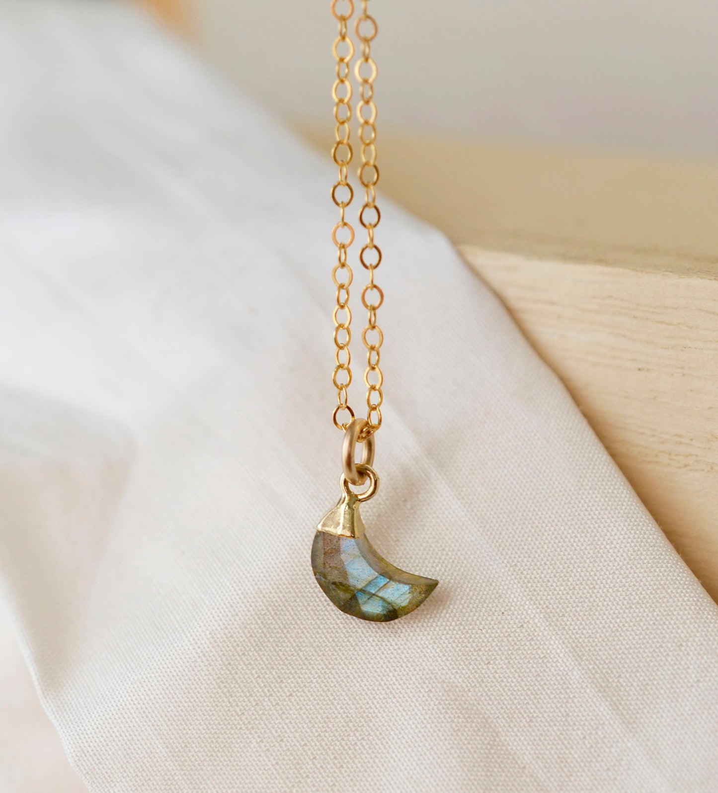 Labradorite Crescent Moon Necklace, Gold or Sterling Silver