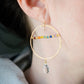Modeled image. Large hammered hoop earrings with a bar of rainbow crystals spanning its center. The hoop is textured and has natural clear crystal quartz teardrop dangles. The gold style is shown.