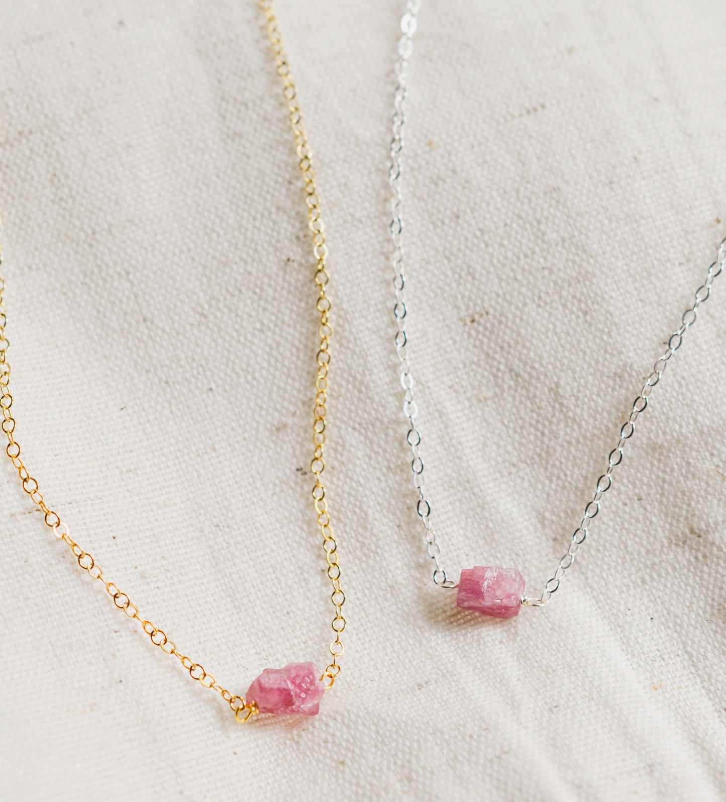 Minimalist rough pink Tourmaline crystal set on a 14k gold filled and a sterling silver chain. 