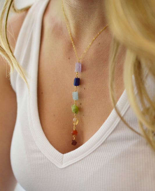 Raw Crystal Chakra Necklace, Rainbow Pendant