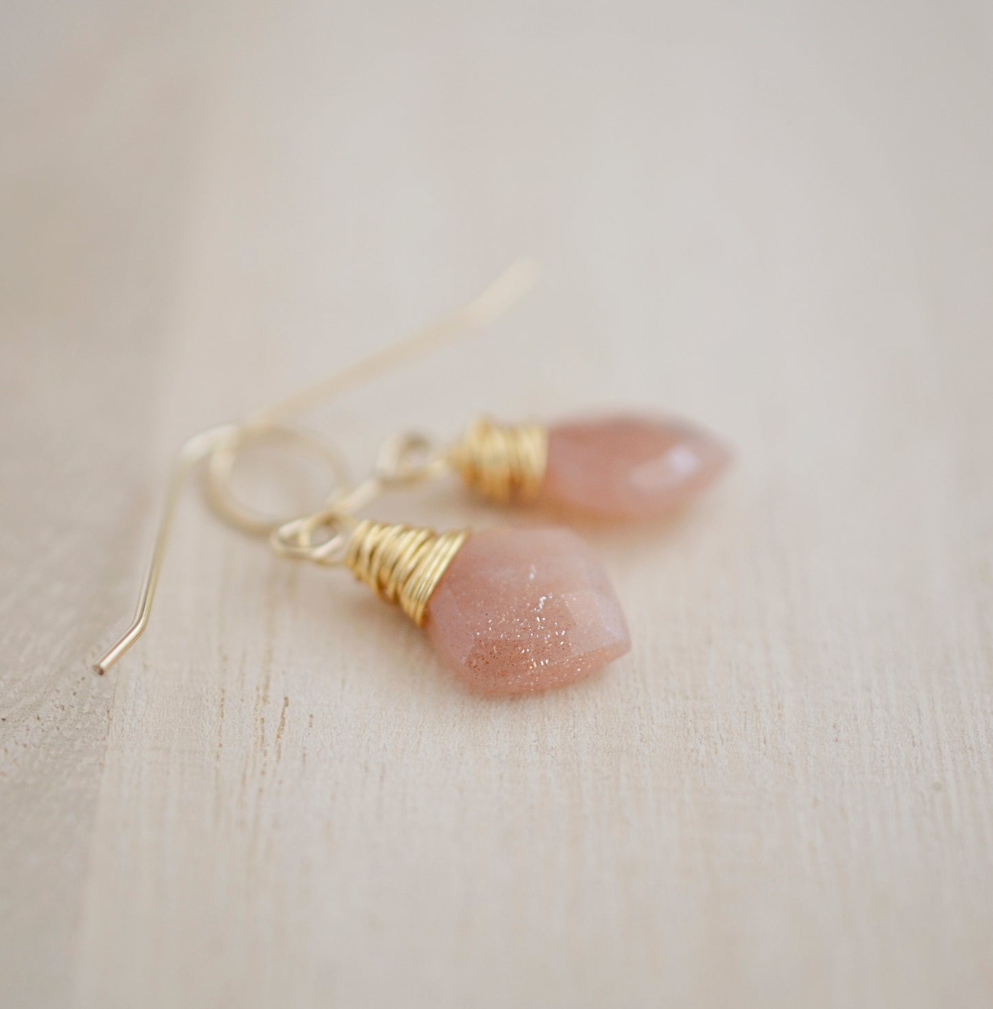 Peach Sunstone Wire Wrapped Earrings